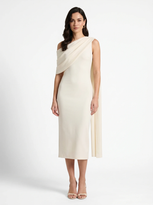 Asymmetric-Neck Midi Dress With Sash