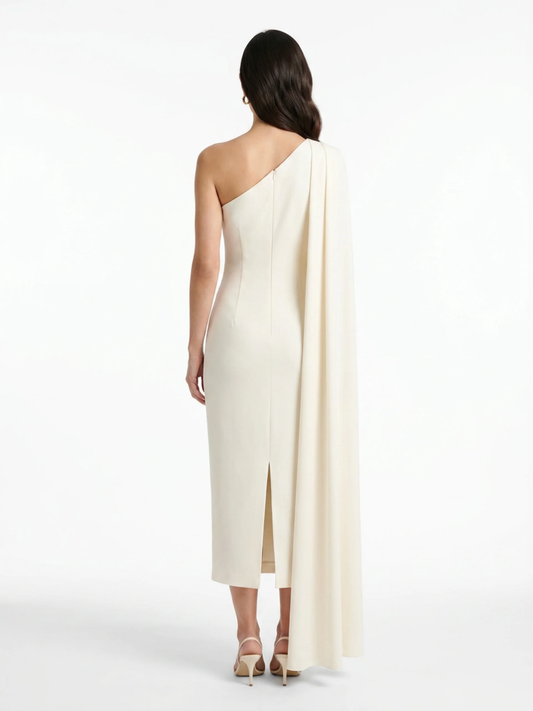 Asymmetric-Neck Midi Dress With Sash