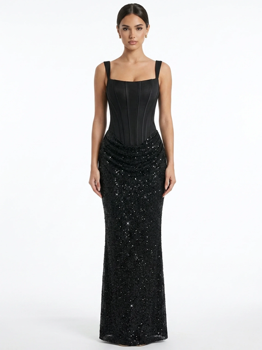 Chiffon Corset Maxi Dress With Embellished Skirt