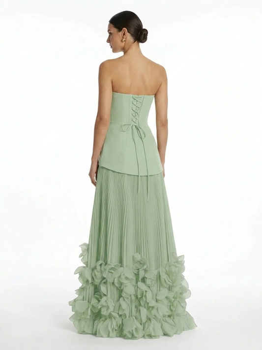 Chiffon Strapless Pleated Maxi Dress With 3D Florals
