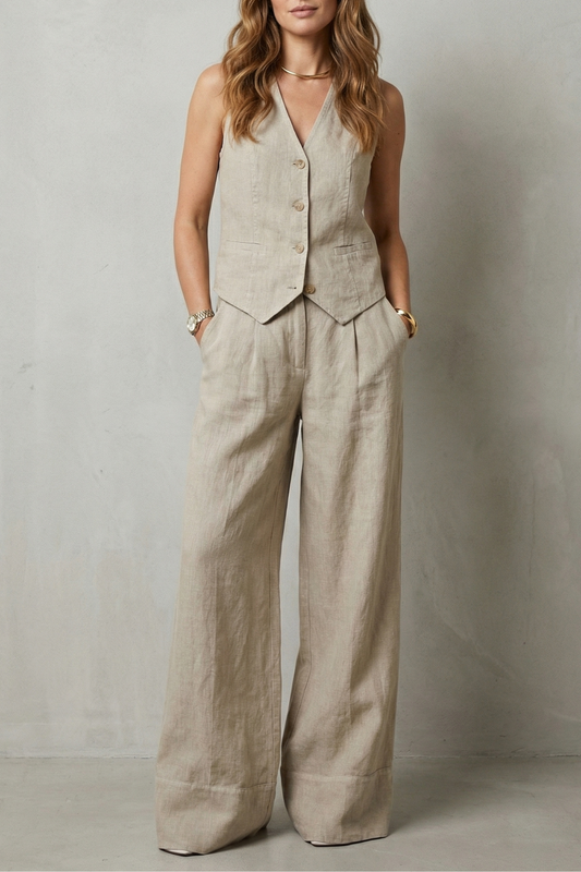 Cotton Sleeveless Tailored Vest & Wide-Leg Trouser Set