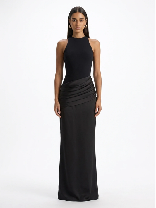 Crew-Neck Maxi Dress With Satin Skirt