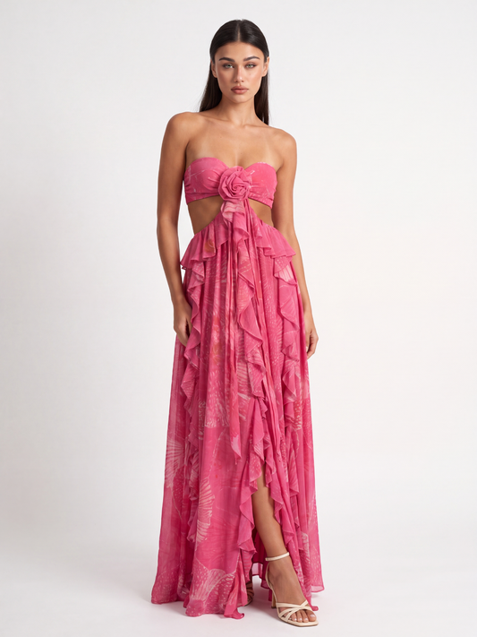 Cut-Out Ruffle Maxi Dress With Rosette Detail