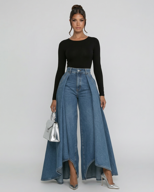 Denim High-Waisted Wide-Leg Jeans with Draped Detail