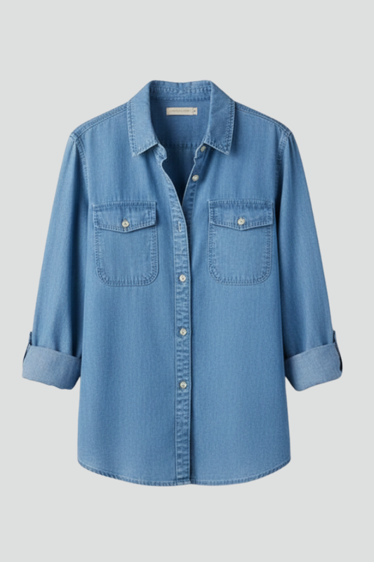 Denim Long Sleeve Shirt with Double Chest Pockets