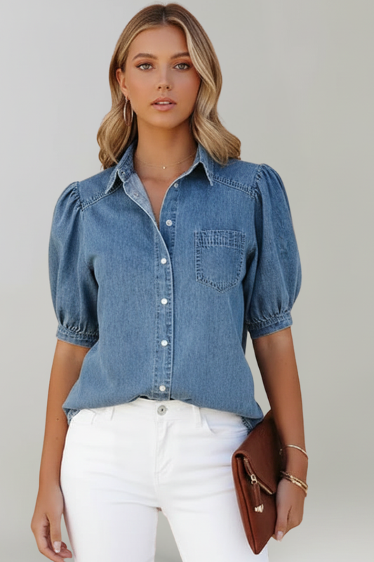 Denim Puff Sleeve Shirt With Chest Pocket