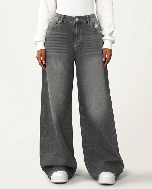 Denim Wide-Leg Jeans With Distressed Detail