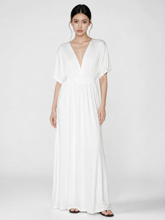 Elegant Plunge Kimono-Sleeve Maxi Dress