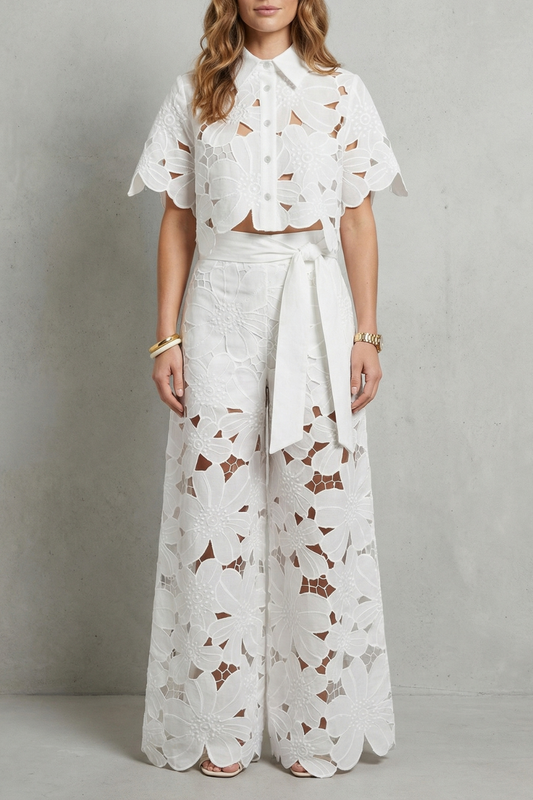 Elegant Top & Skirt Set With Embroidered Cutwork
