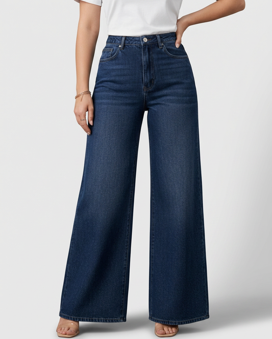 High Waist Wide Leg Trousers with Denim-Look
