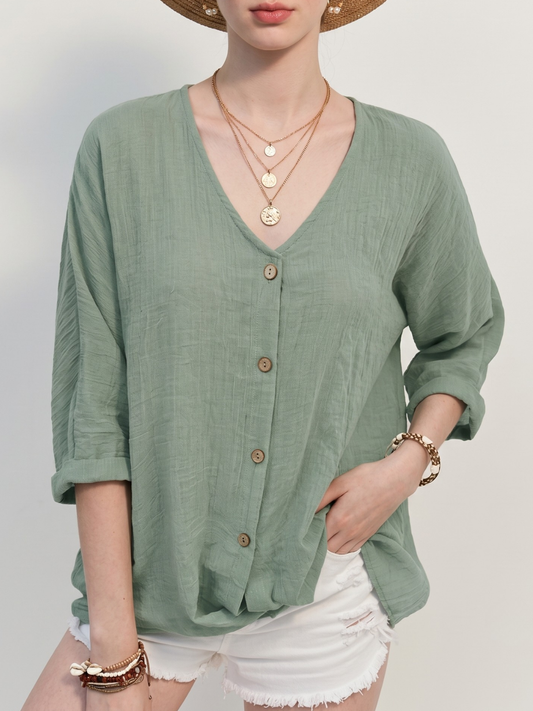 Linen Relaxed V-Neck Roll-Sleeve Blouse