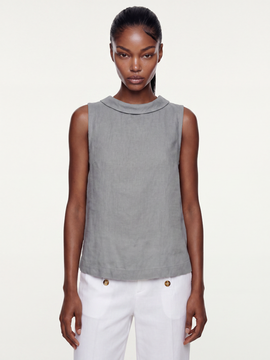 Linen Sleeveless Roll-Collar Top