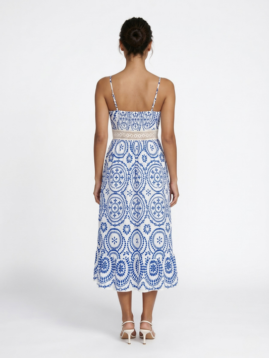 Ornate V-Neck Midi Dress with Crochet Trim