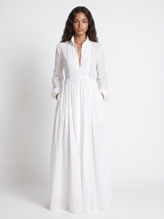Pintuck Plunge Long Sleeve Maxi Shirt Dress