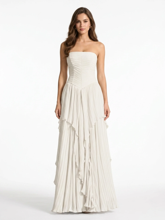 Pleated Chiffon Strapless Maxi Dress