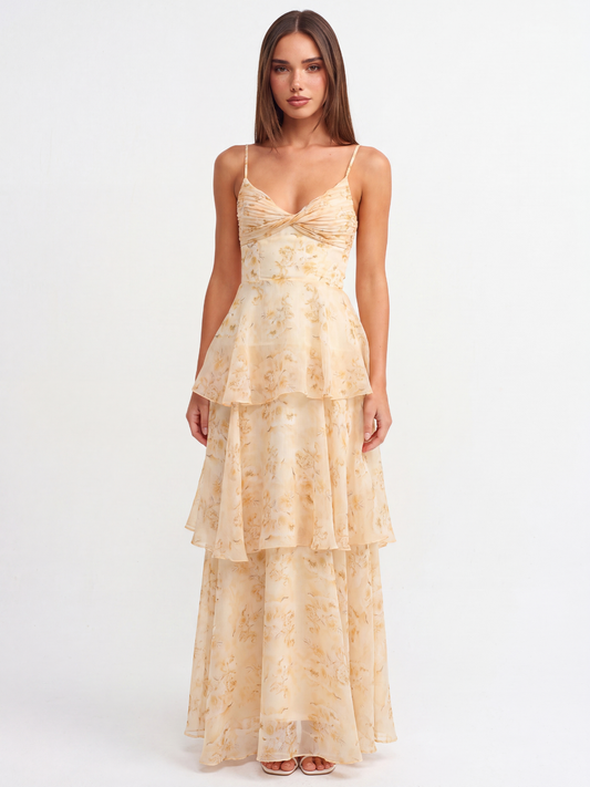 Pleated Twist Tiered Maxi Dress With Floral Print