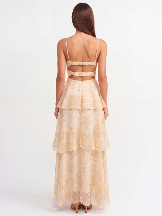 Pleated Twist Tiered Maxi Dress With Floral Print