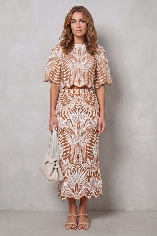 Printed Linen-Blend Bell Sleeve Skirt Set