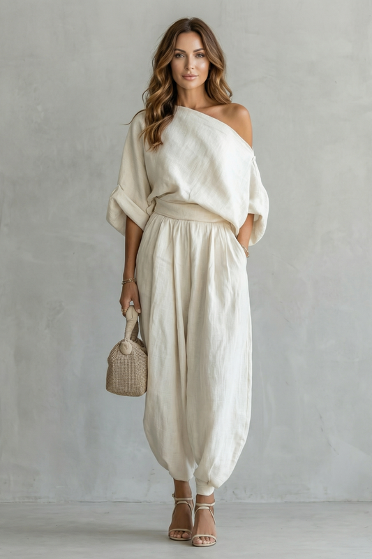 Relaxed Off-Shoulder Two-Piece Set with Tapered Trousers