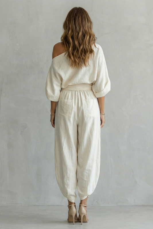 Relaxed Off-Shoulder Two-Piece Set with Tapered Trousers