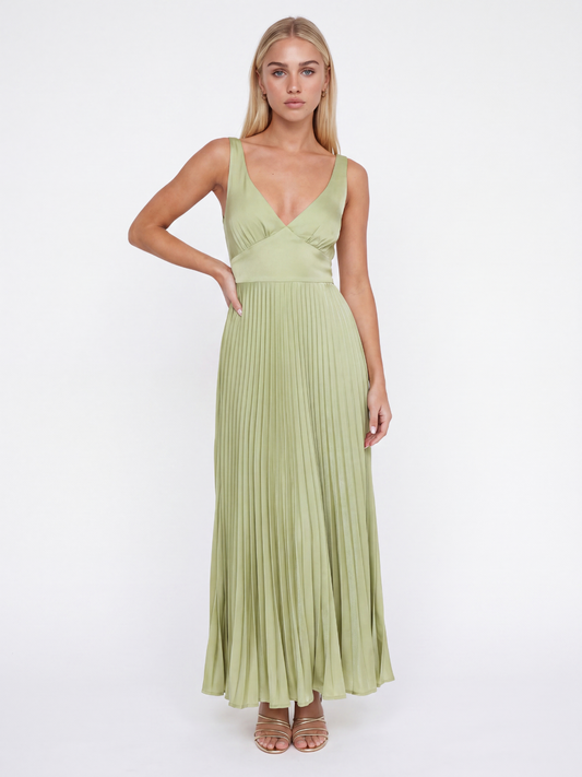 Satin Pleated Maxi Dress With V-Neck