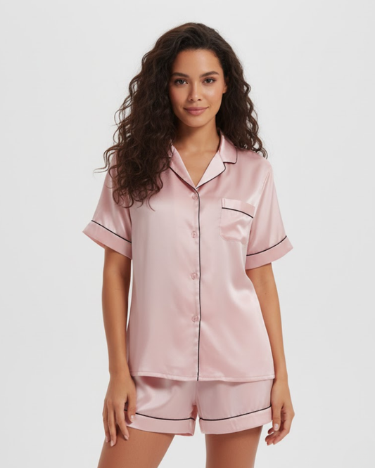 Silk Short Sleeve Pyjama Set With Contrast Piping