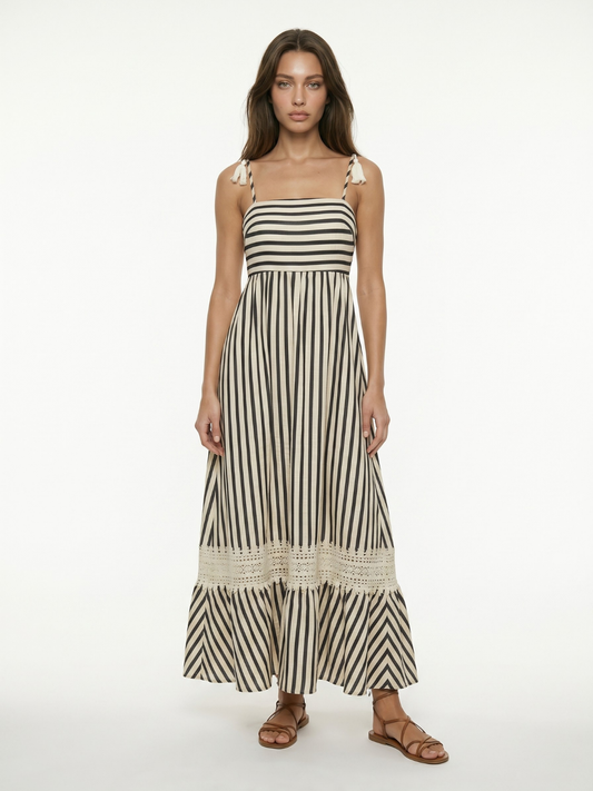 Square-Neck Striped Maxi Dress With Lace Trim