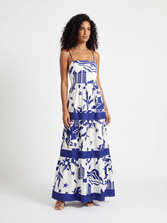 Square-Neck Tiered Maxi Dress With Tropical Print