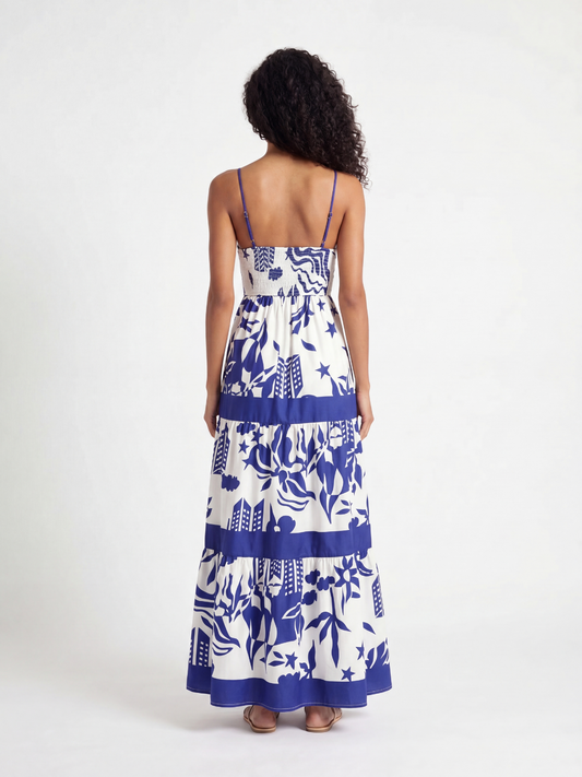 Square-Neck Tiered Maxi Dress With Tropical Print