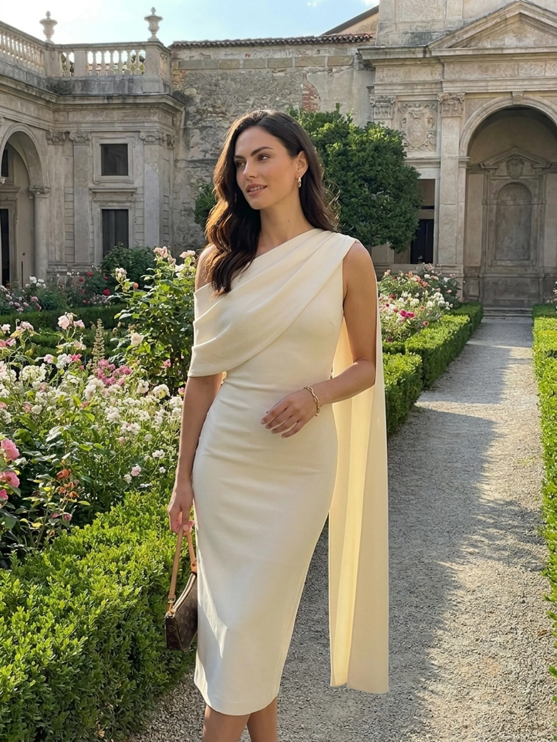 Asymmetric-Neck Midi Dress With Sash