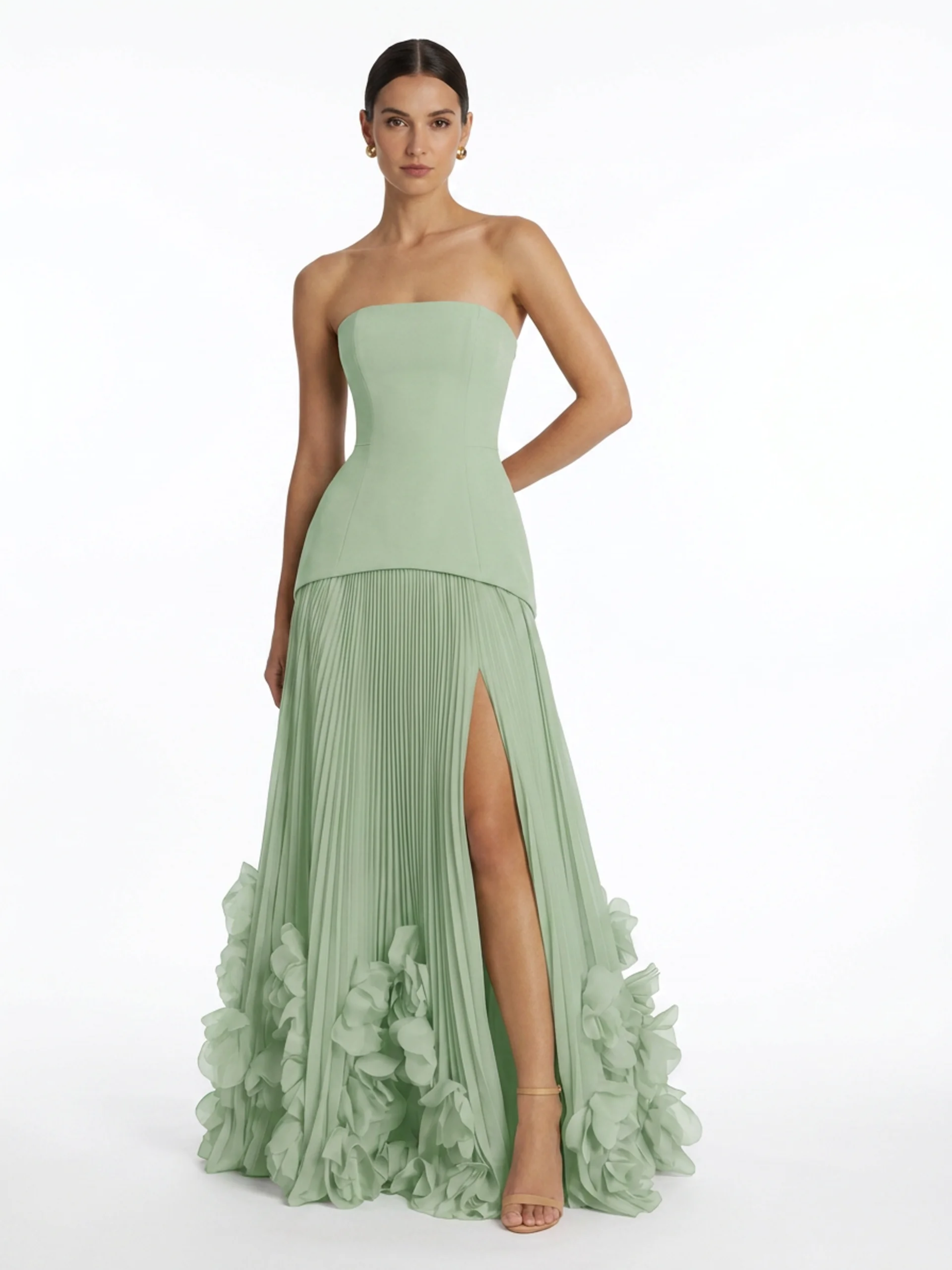 Chiffon Strapless Pleated Maxi Dress With 3D Florals