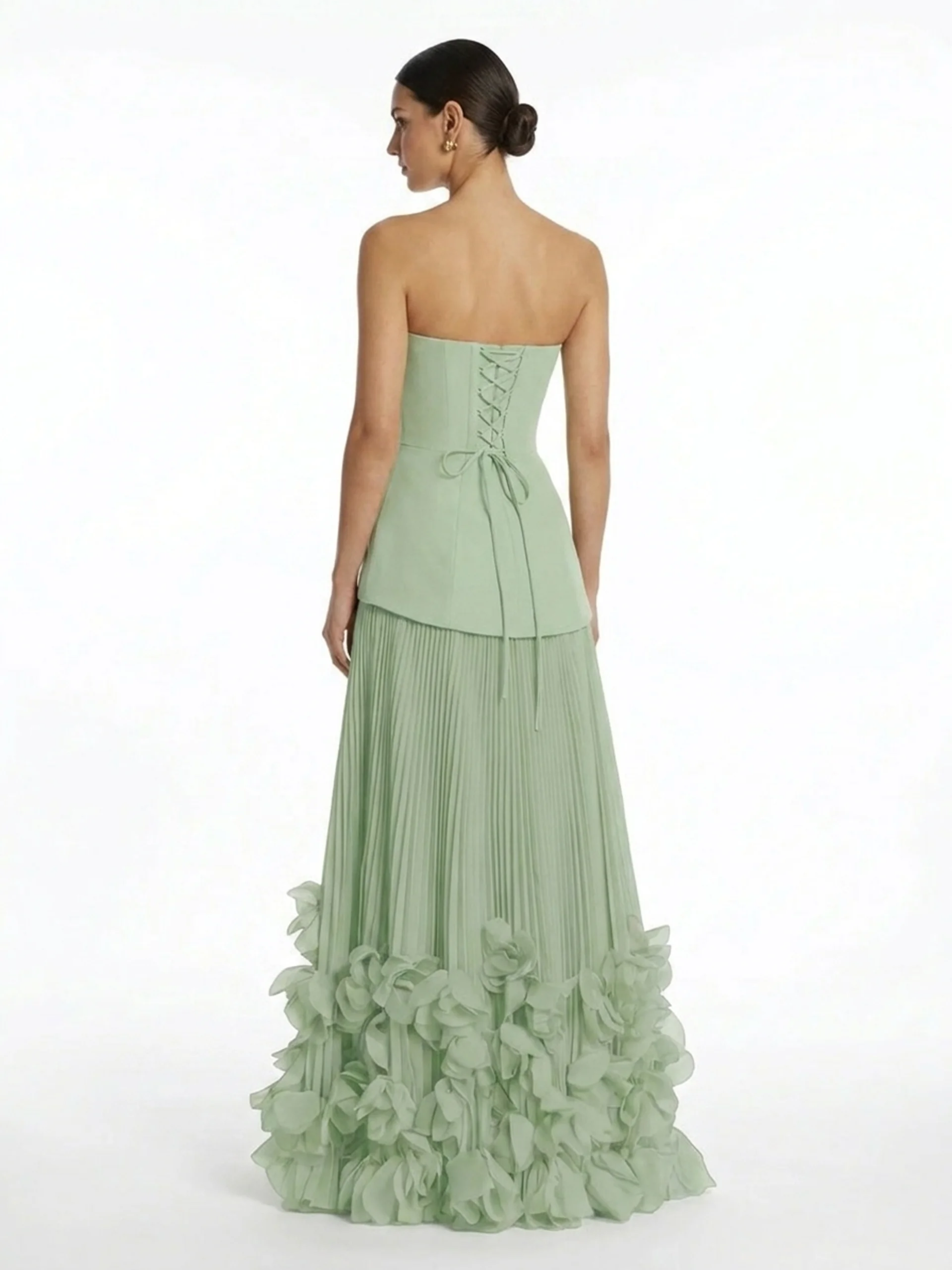 Chiffon Strapless Pleated Maxi Dress With 3D Florals