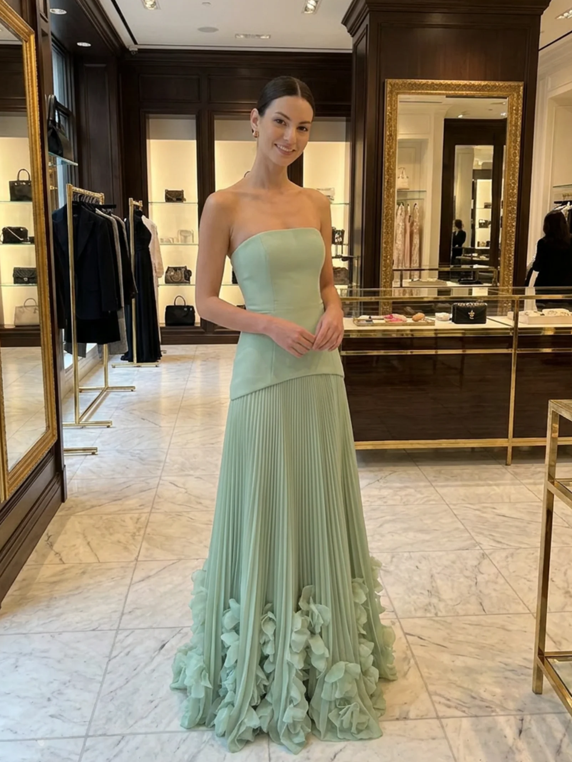 Chiffon Strapless Pleated Maxi Dress With 3D Florals