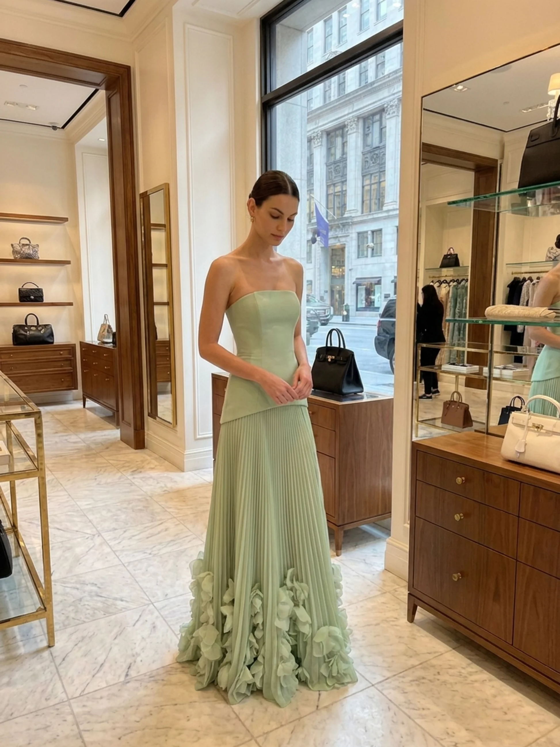 Chiffon Strapless Pleated Maxi Dress With 3D Florals