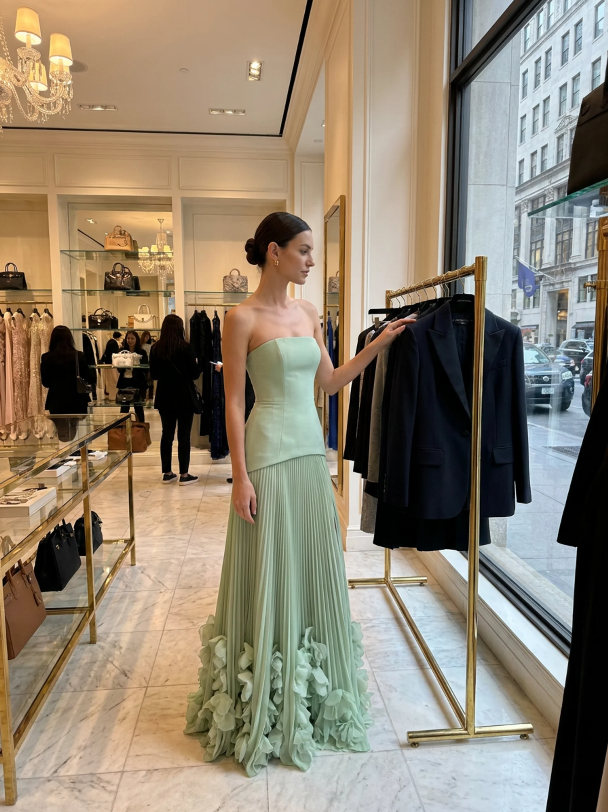 Chiffon Strapless Pleated Maxi Dress With 3D Florals