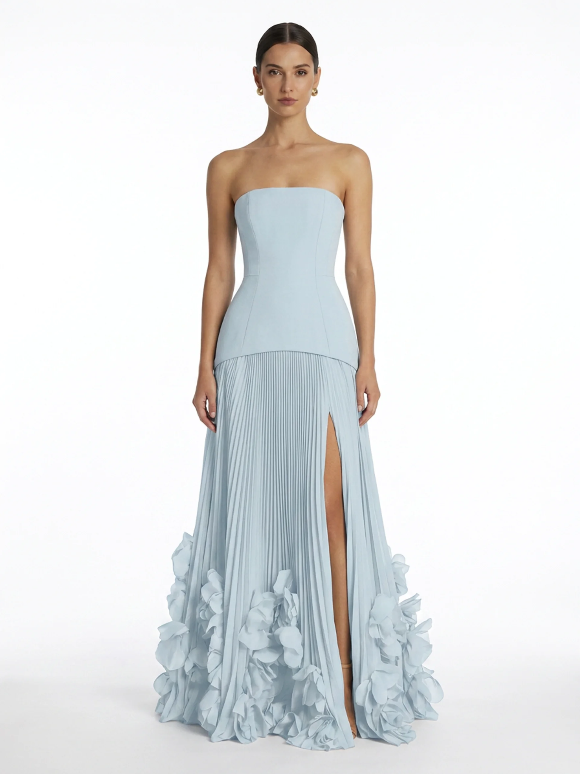 Chiffon Strapless Pleated Maxi Dress With 3D Florals