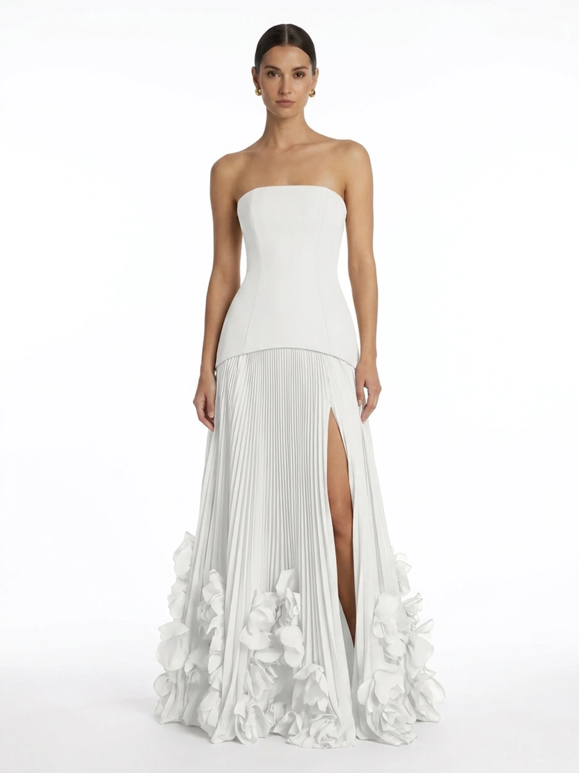 Chiffon Strapless Pleated Maxi Dress With 3D Florals