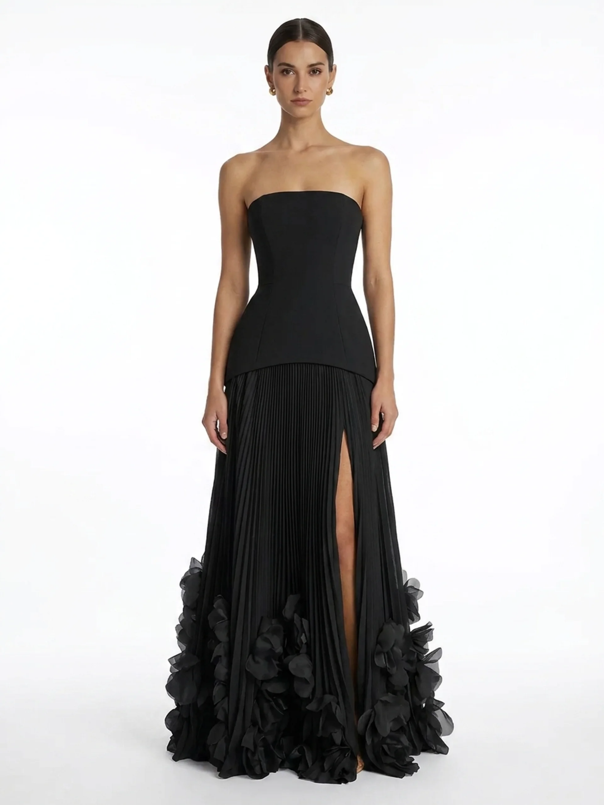 Chiffon Strapless Pleated Maxi Dress With 3D Florals