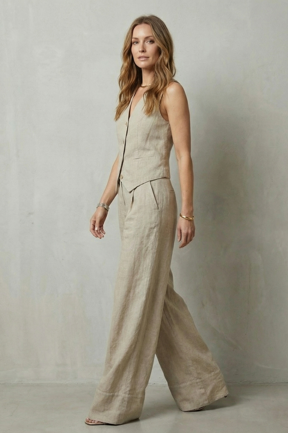 Cotton Sleeveless Tailored Vest & Wide-Leg Trouser Set