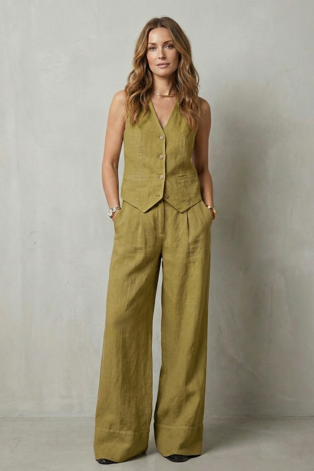 Cotton Sleeveless Tailored Vest & Wide-Leg Trouser Set