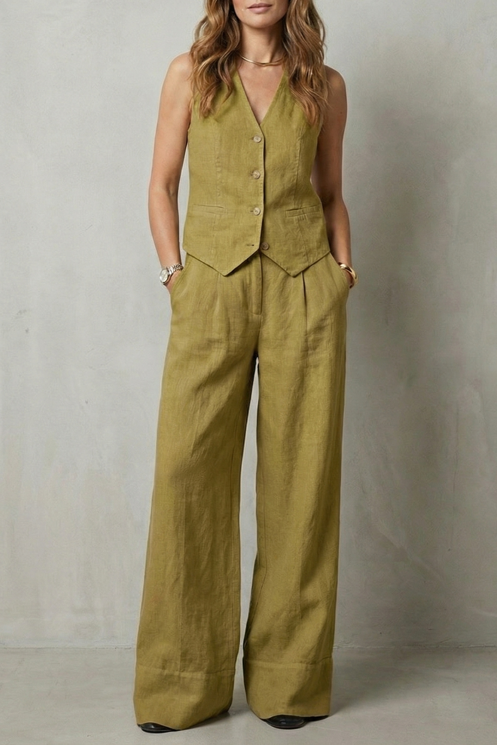 Cotton Sleeveless Tailored Vest & Wide-Leg Trouser Set