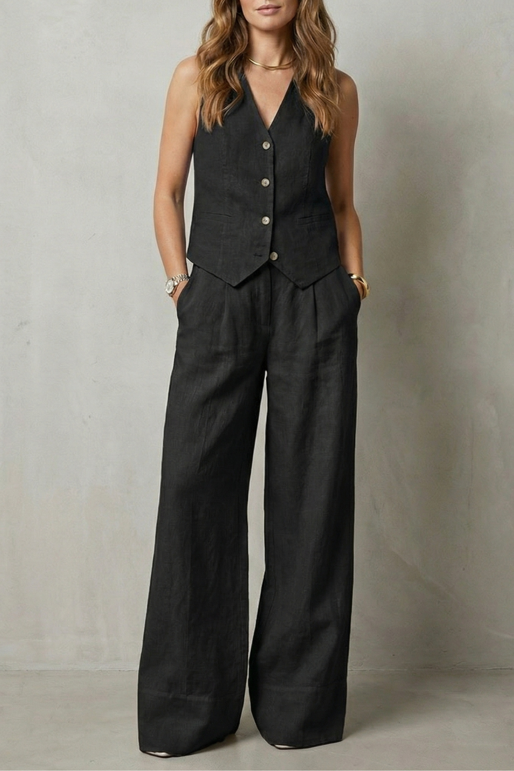 Cotton Sleeveless Tailored Vest & Wide-Leg Trouser Set