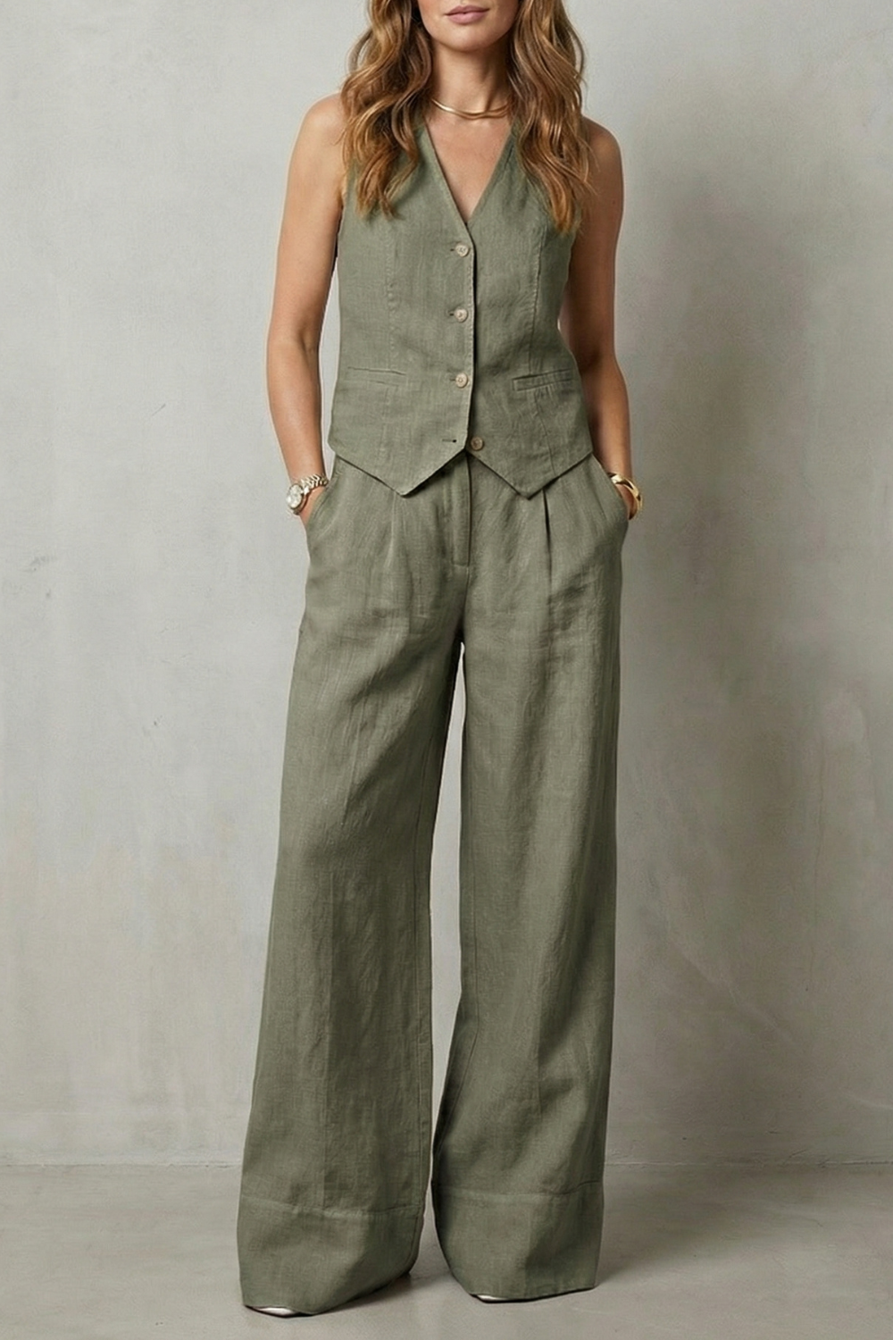 Cotton Sleeveless Tailored Vest & Wide-Leg Trouser Set