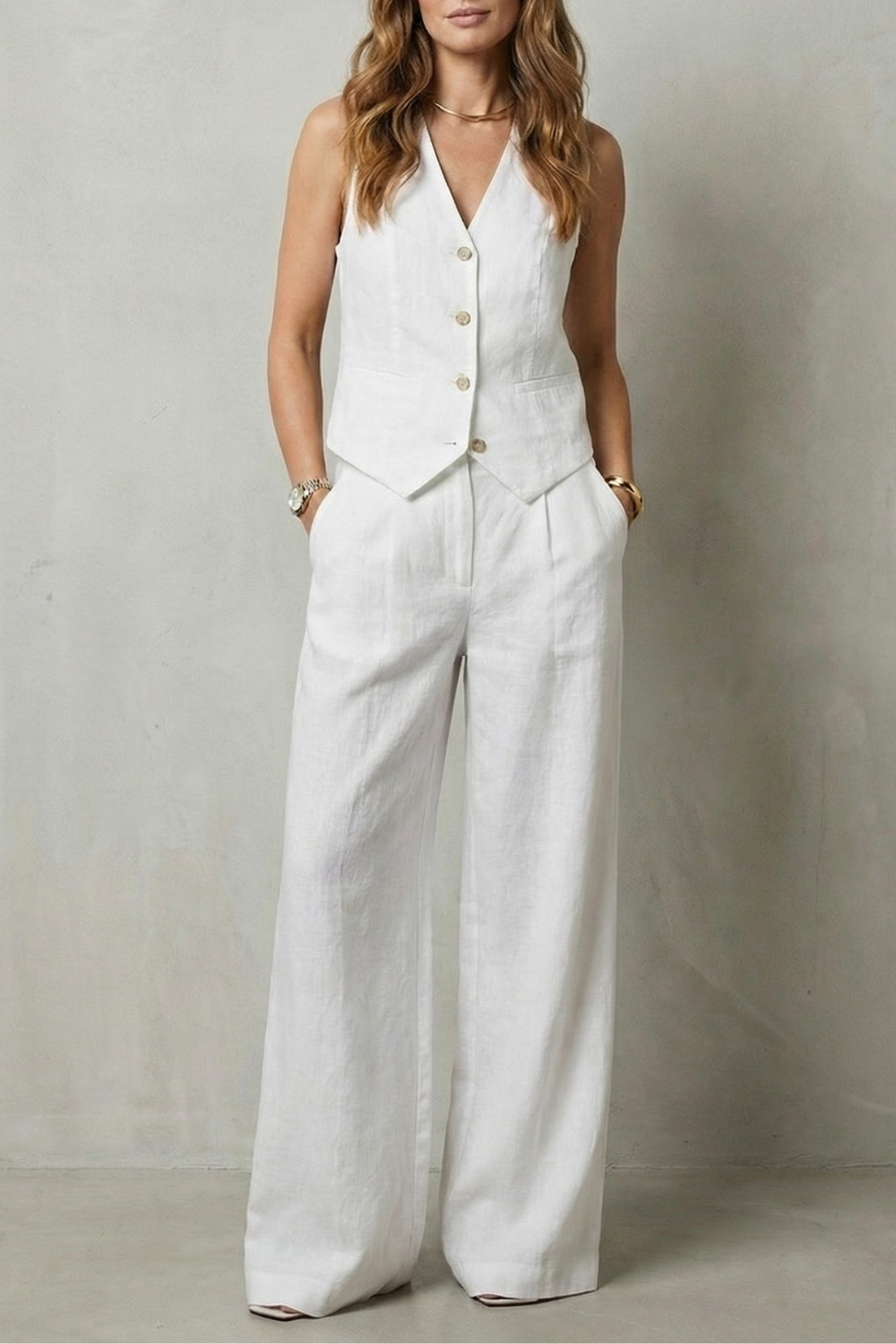 Cotton Sleeveless Tailored Vest & Wide-Leg Trouser Set