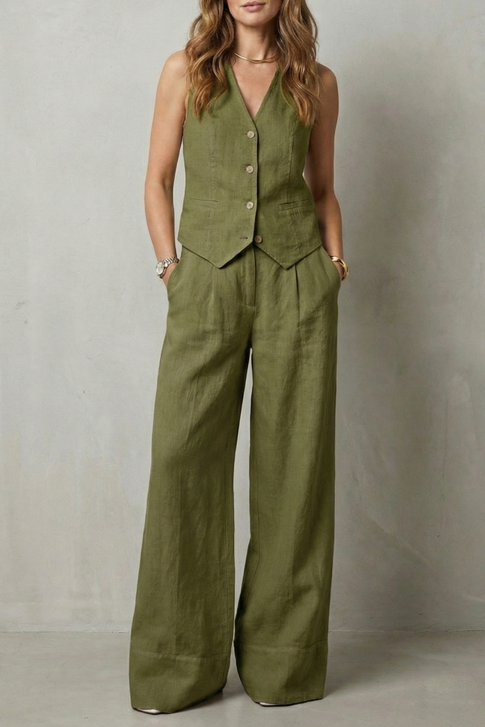 Cotton Sleeveless Tailored Vest & Wide-Leg Trouser Set