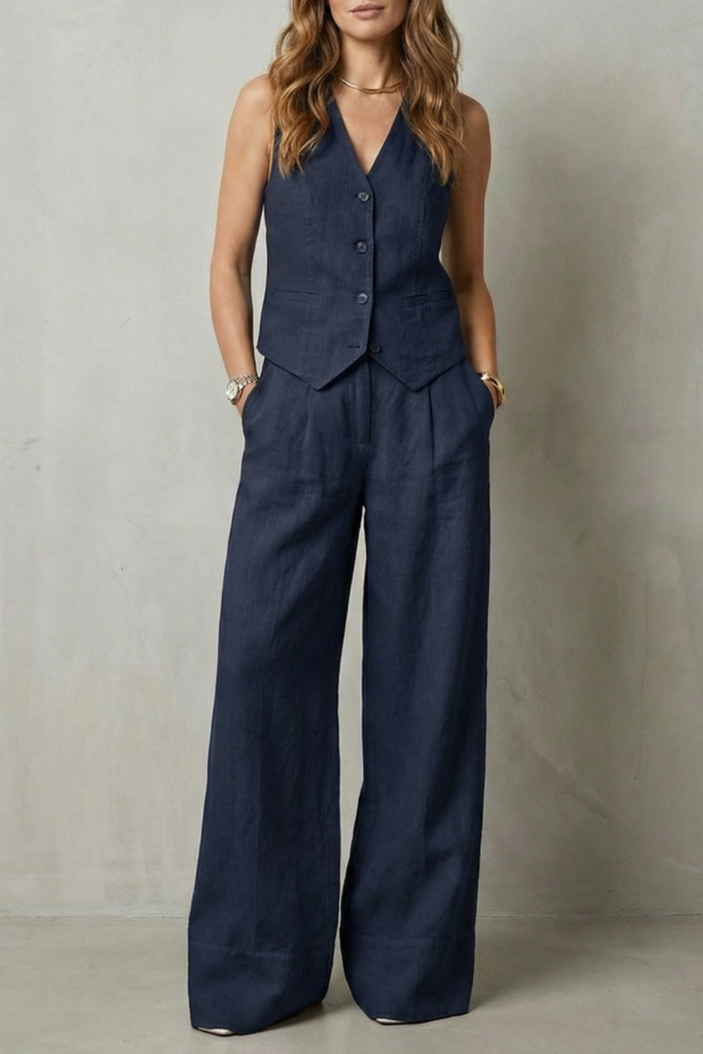 Cotton Sleeveless Tailored Vest & Wide-Leg Trouser Set