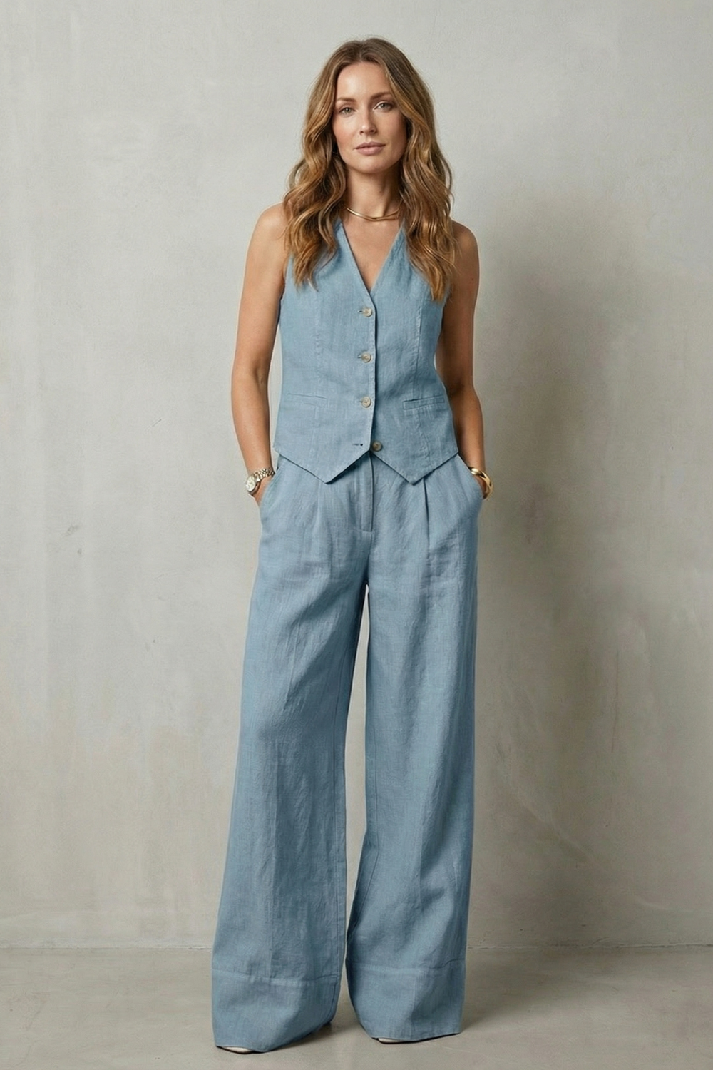 Cotton Sleeveless Tailored Vest & Wide-Leg Trouser Set