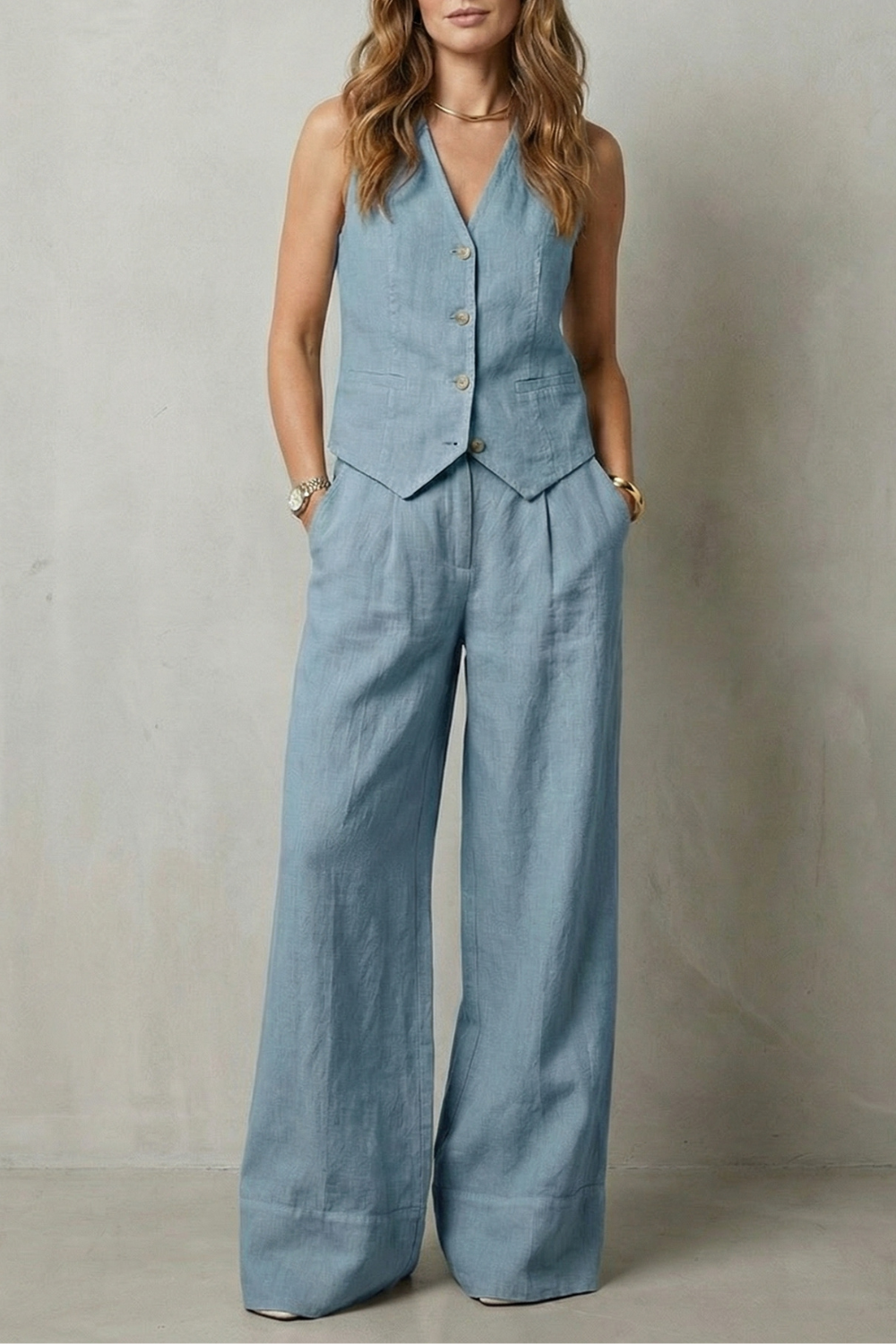 Cotton Sleeveless Tailored Vest & Wide-Leg Trouser Set