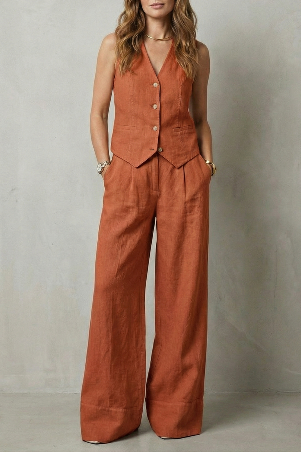 Cotton Sleeveless Tailored Vest & Wide-Leg Trouser Set