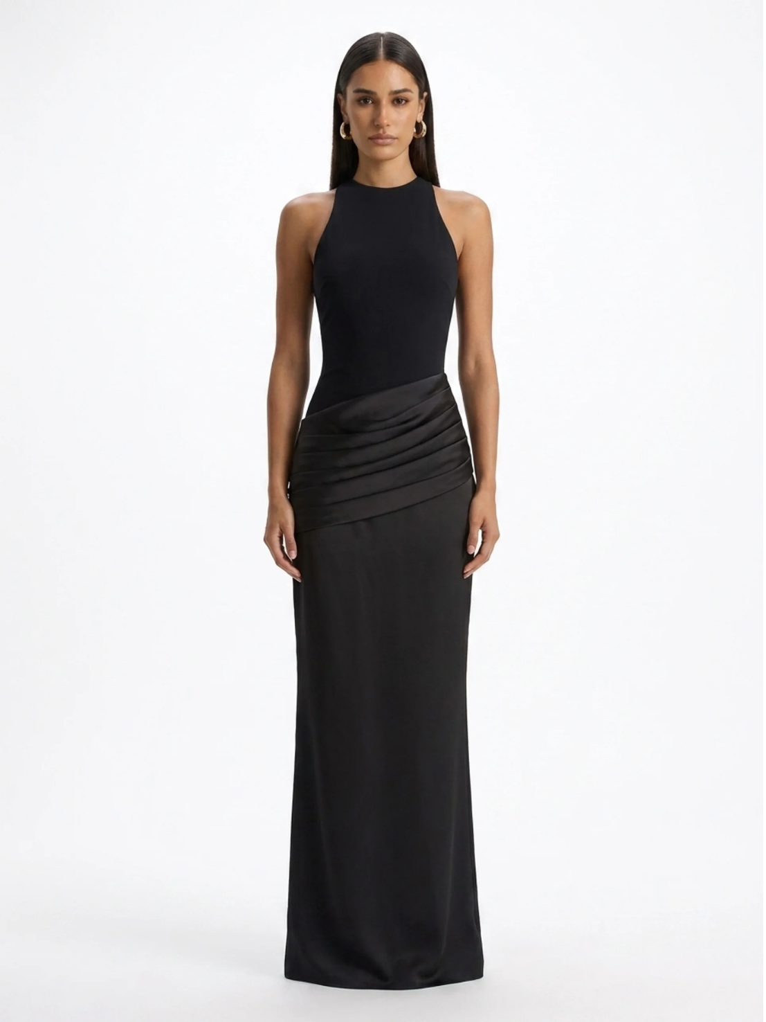 Crew-Neck Maxi Dress With Satin Skirt